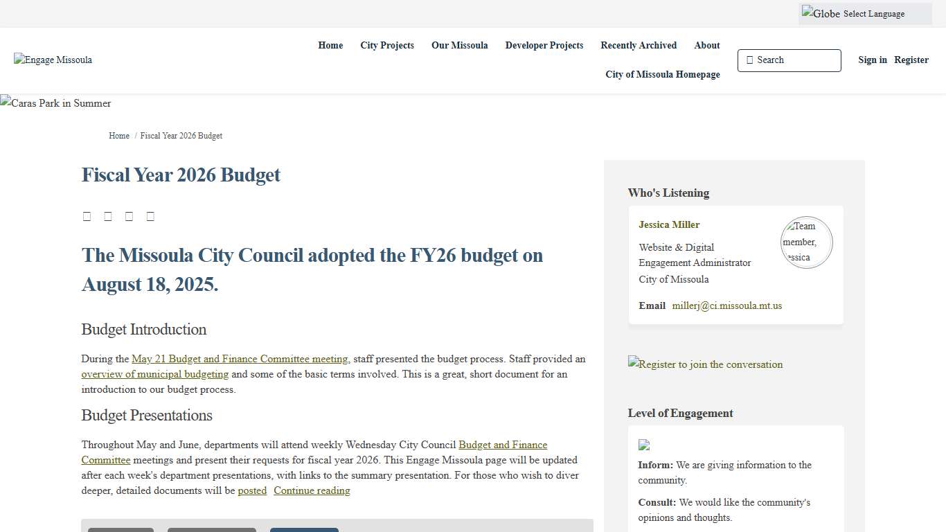 Fiscal Year 2026 Budget Engage Missoula